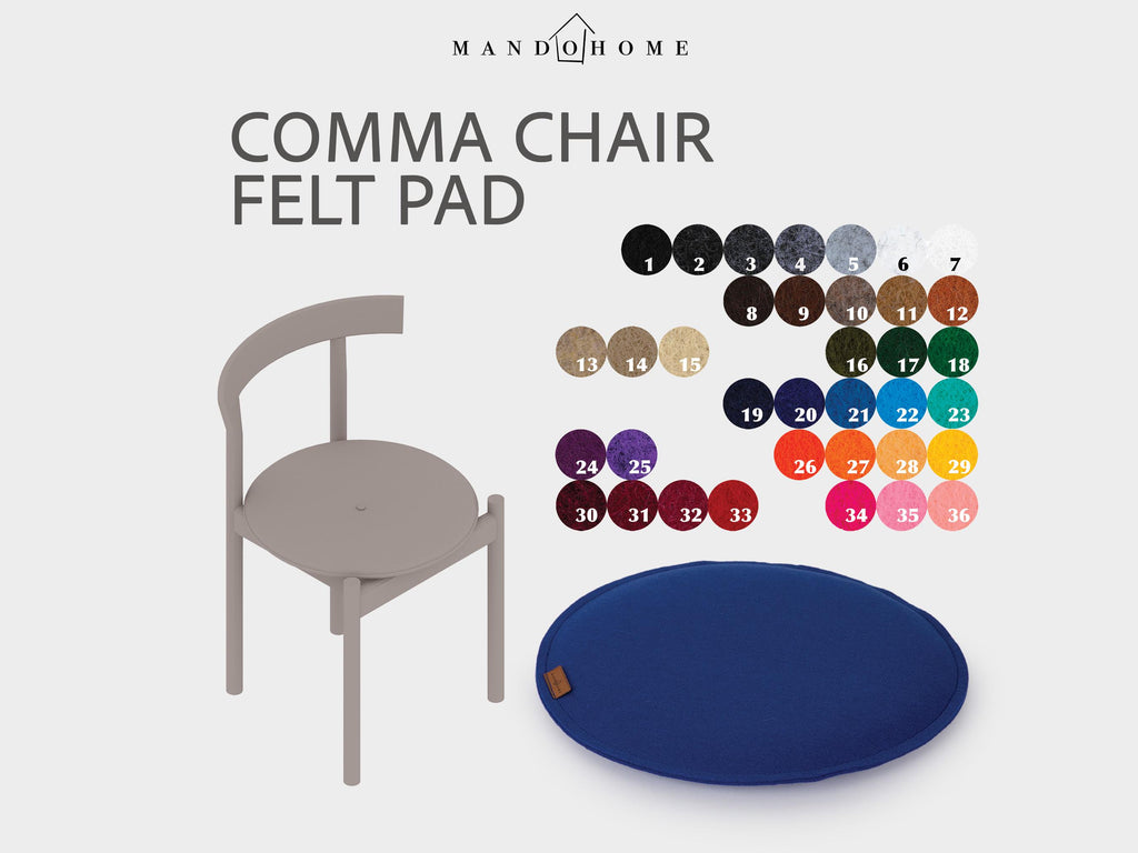 Comma Chair Cushion, 2mm Felt Seat Pad, 36 Colors, Non Slip Option