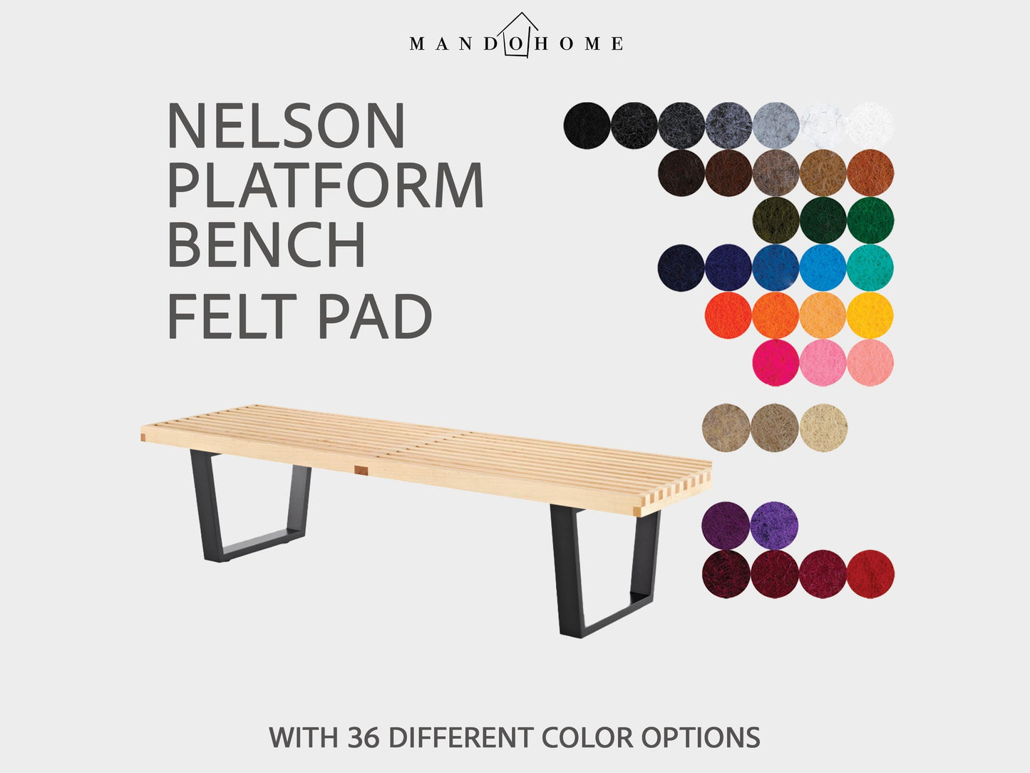 Nelson Platform Bench Felt Cushion: Custom Sizes, 36 Colors, Optional Non-Slip Pad for Entryway