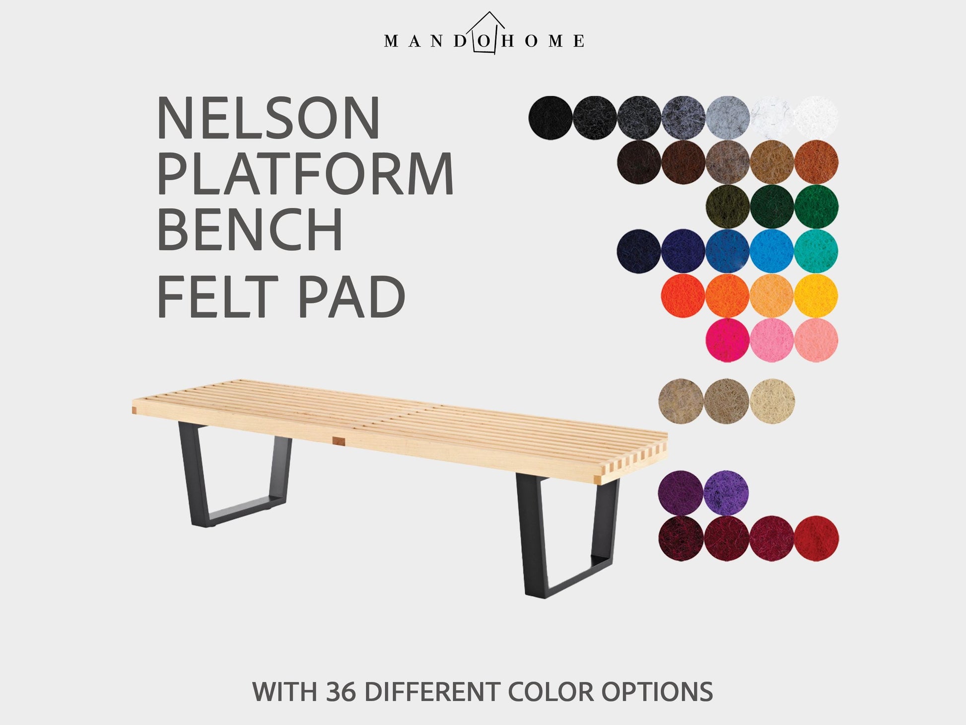 Nelson Platform Bench Felt Cushion: Custom Sizes, 36 Colors, Optional Non-Slip Pad for Entryway