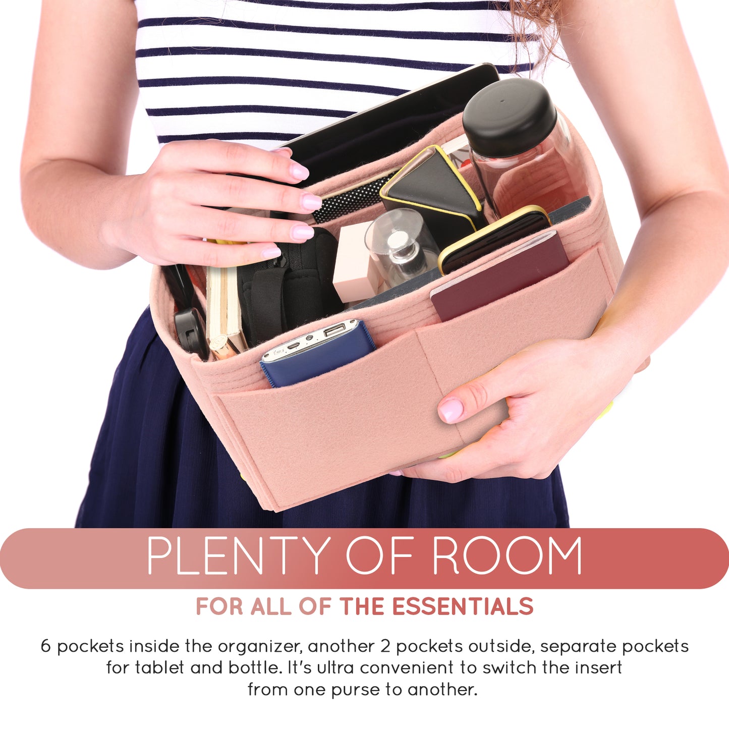Purse Organizer Insert with 8 Pockets with Key Hook, 6 Sizes in Rose Ballerina