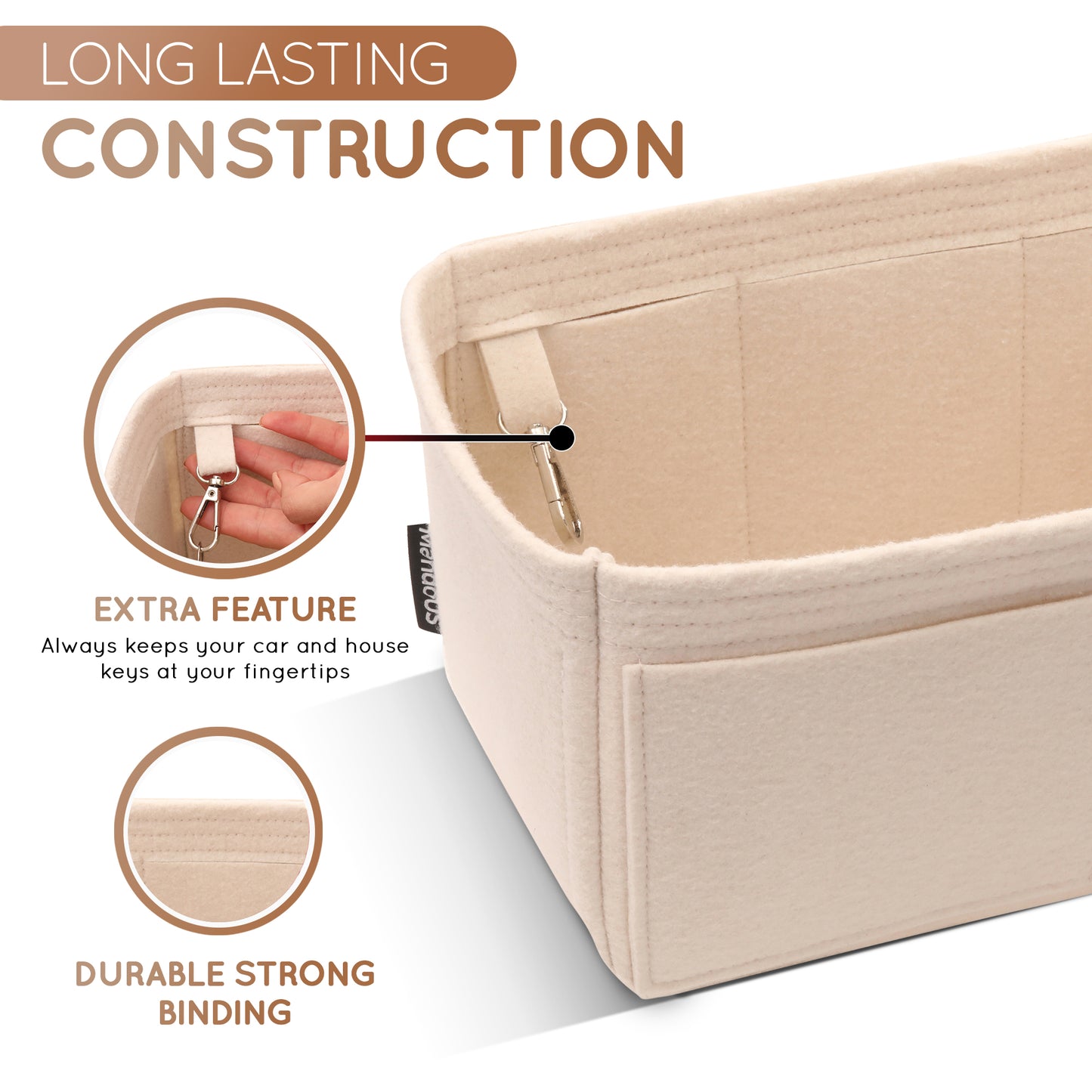 Purse Organizer Insert with 8 Pockets with Key Hook, 6 Sizes in Beige