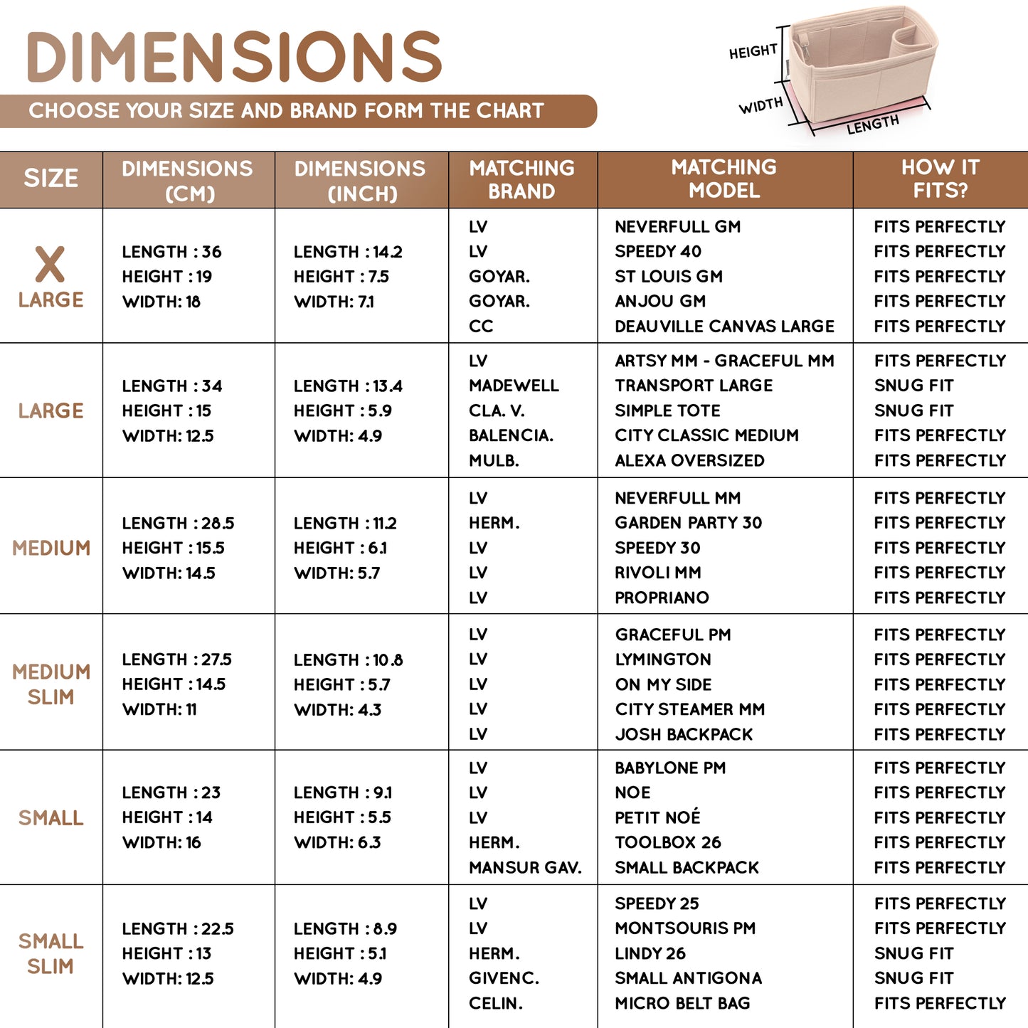 Purse Organizer Insert with 8 Pockets with Key Hook, 6 Sizes in Beige