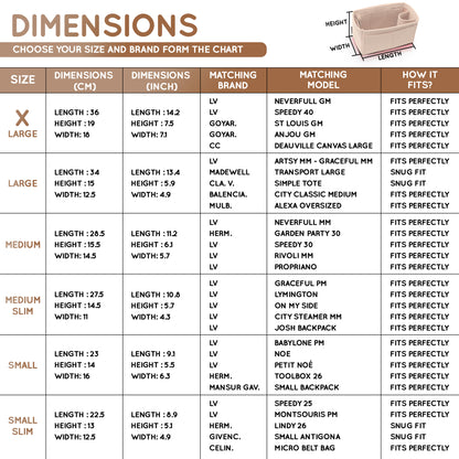 Purse Organizer Insert with 8 Pockets with Key Hook, 6 Sizes in Beige