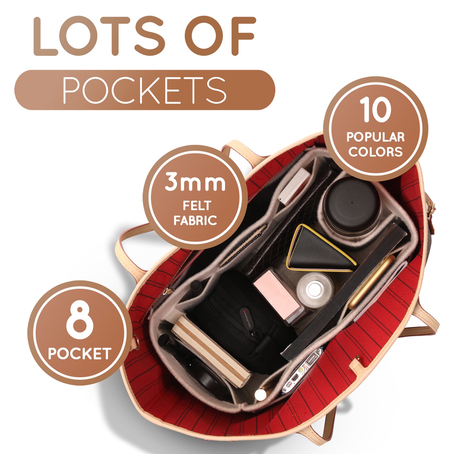 Purse Organizer Insert with 8 Pockets with Key Hook, 6 Sizes in Beige