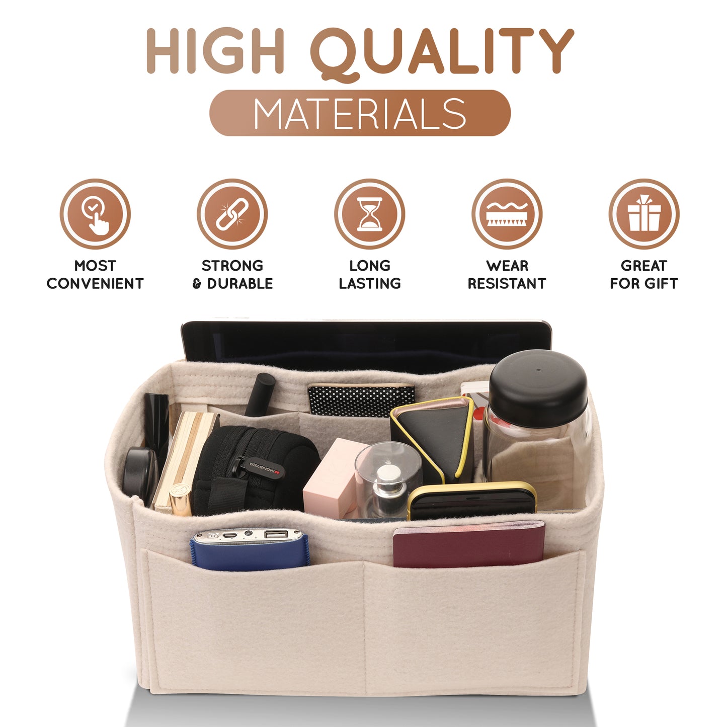 Purse Organizer Insert with 8 Pockets with Key Hook, 6 Sizes in Beige