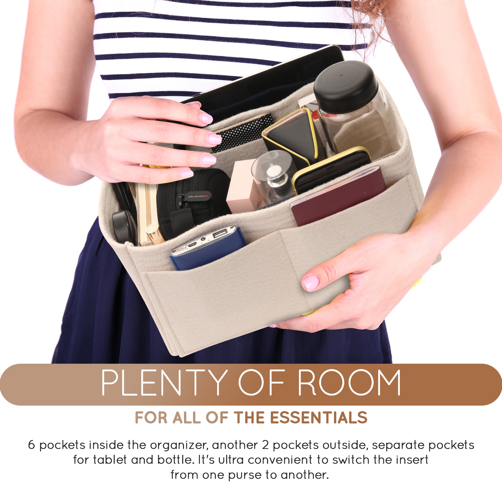 Purse Organizer Insert with 8 Pockets with Key Hook, 6 Sizes in Beige