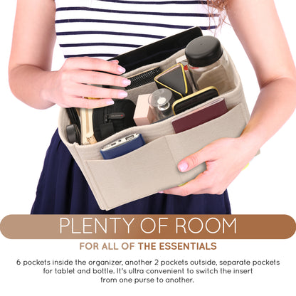 Purse Organizer Insert with 8 Pockets with Key Hook, 6 Sizes in Beige