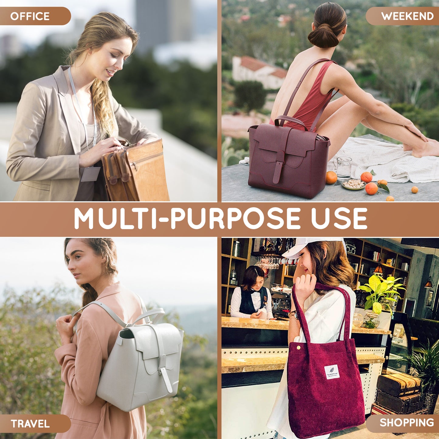 Purse Organizer Insert with 8 Pockets with Key Hook, 6 Sizes in Beige