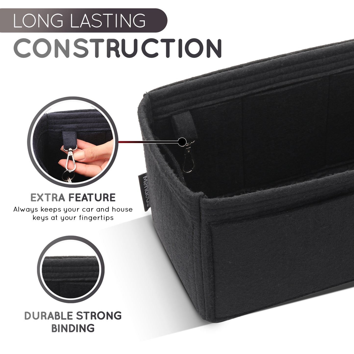 Purse Organizer Insert with 8 Pockets with Key Hook, 6 Sizes in Black