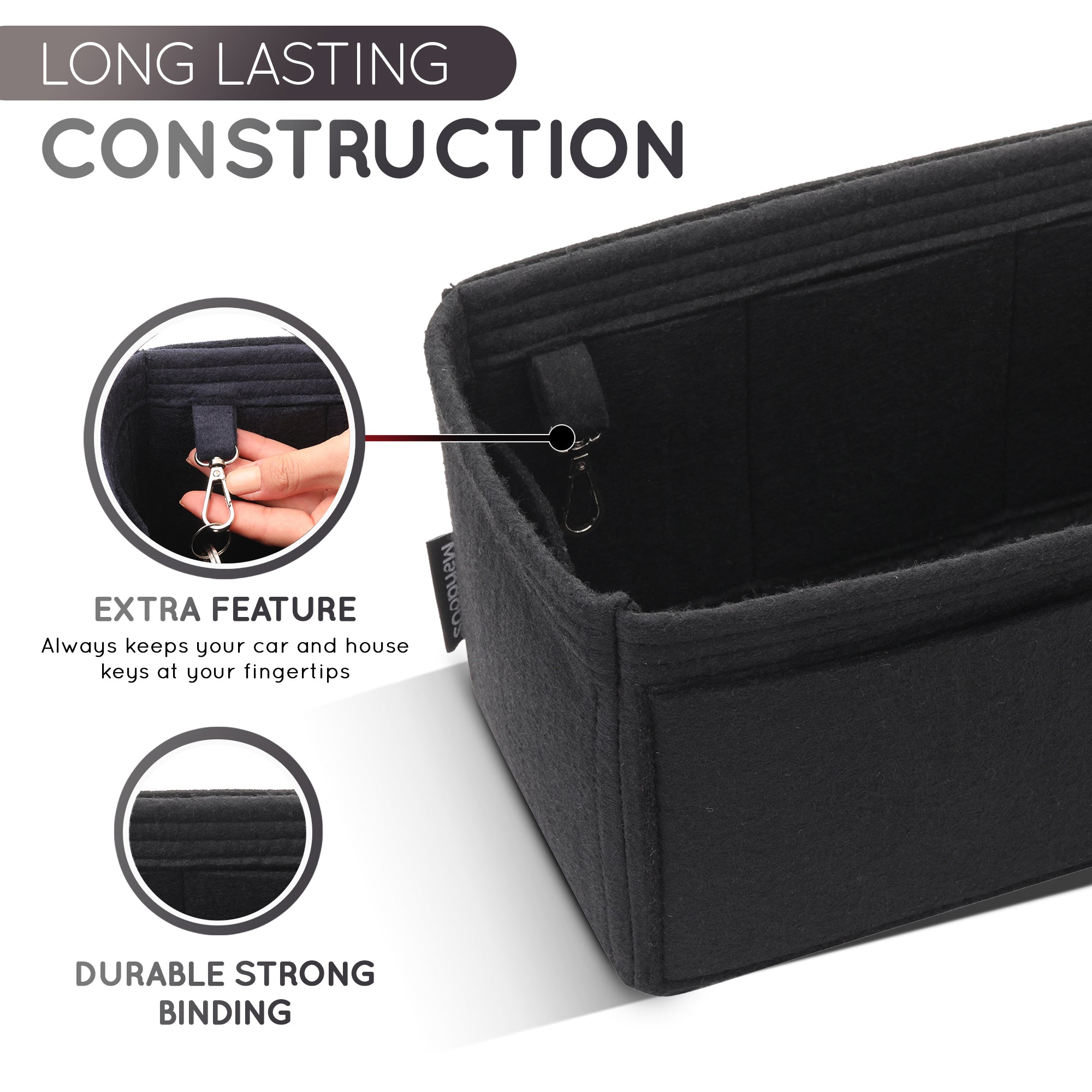 Purse Organizer Insert with 8 Pockets with Key Hook, 6 Sizes in Black