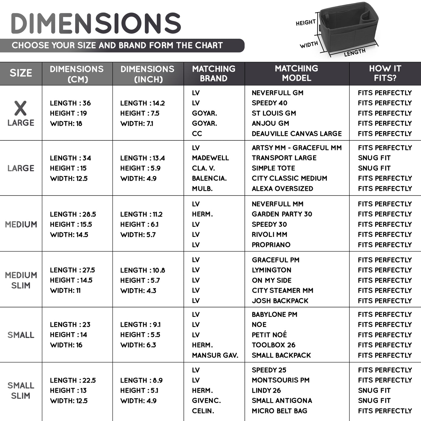 Purse Organizer Insert with 8 Pockets with Key Hook, 6 Sizes in Black