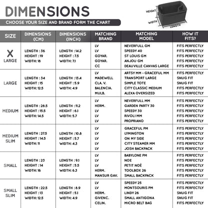 Purse Organizer Insert with 8 Pockets with Key Hook, 6 Sizes in Black