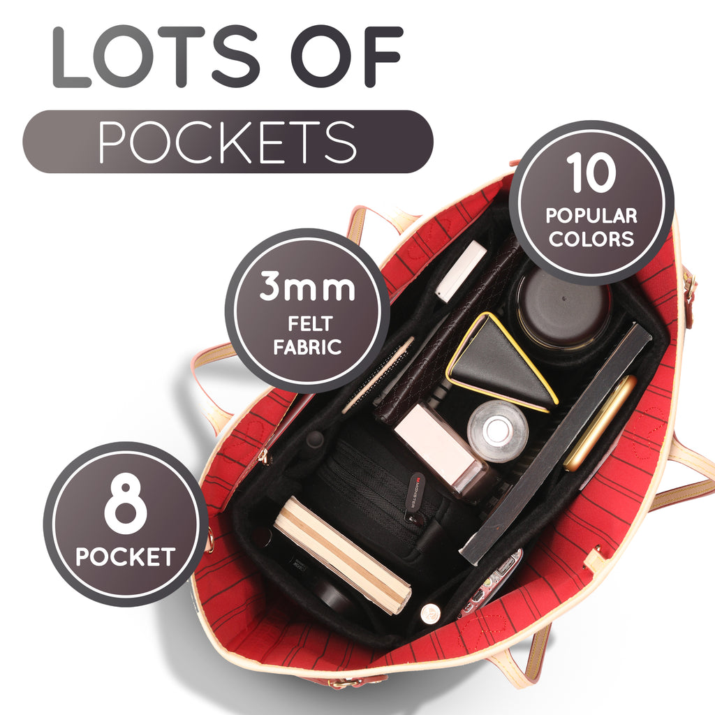 Purse Organizer Insert with 8 Pockets with Key Hook, 6 Sizes in Black