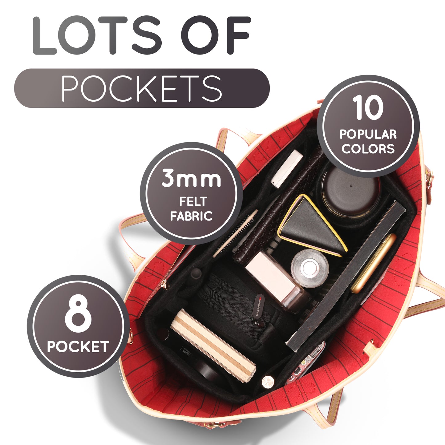 Purse Organizer Insert with 8 Pockets with Key Hook, 6 Sizes in Black