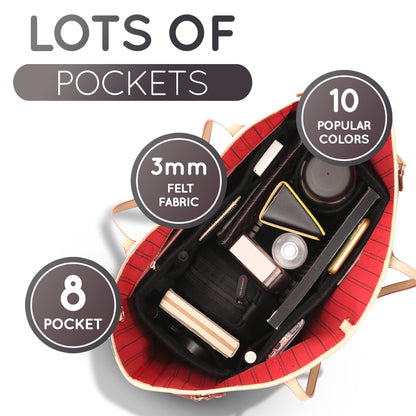 Purse Organizer Insert with 8 Pockets with Key Hook, 6 Sizes in Black