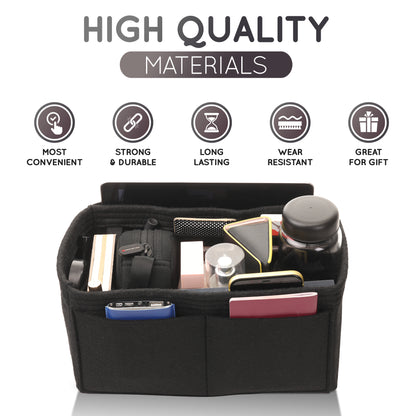 Purse Organizer Insert with 8 Pockets with Key Hook, 6 Sizes in Black