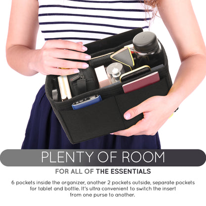 Purse Organizer Insert with 8 Pockets with Key Hook, 6 Sizes in Black