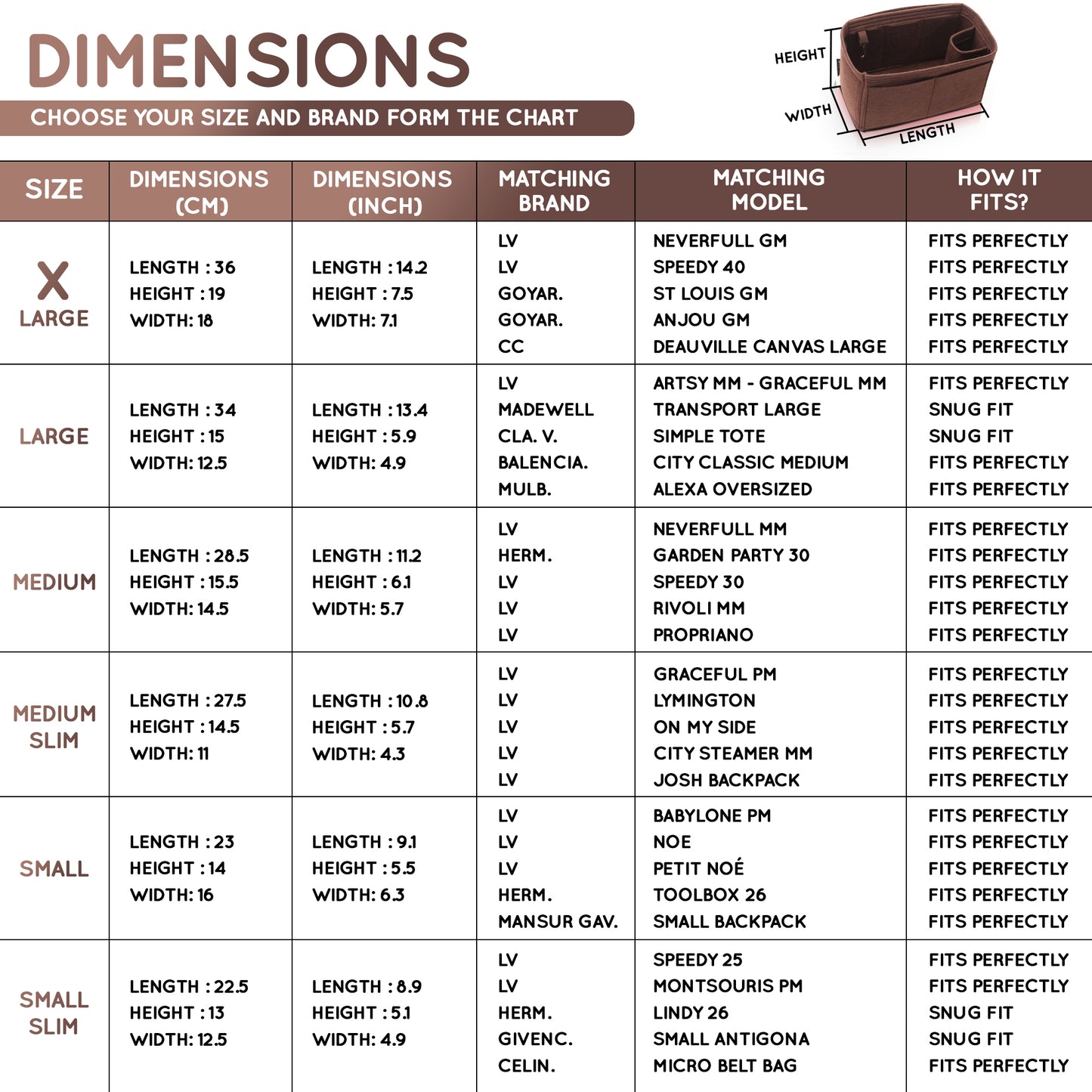 Purse Organizer Insert with 8 Pockets with Key Hook, 6 Sizes in Brown