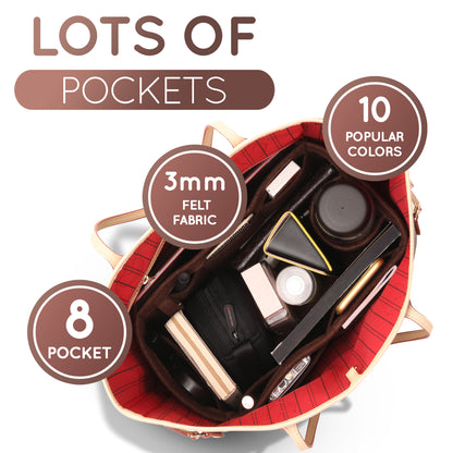 Purse Organizer Insert with 8 Pockets with Key Hook, 6 Sizes in Brown