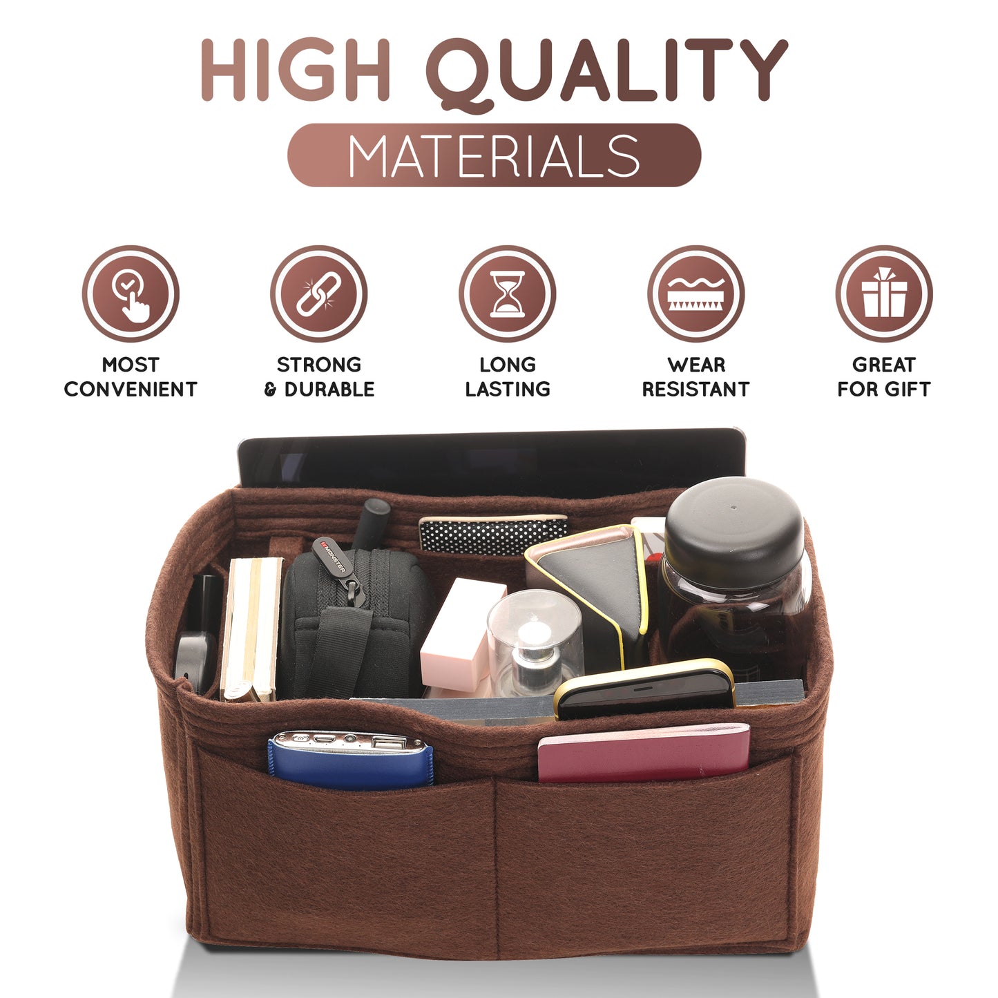 Purse Organizer Insert with 8 Pockets with Key Hook, 6 Sizes in Brown