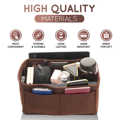 Purse Organizer Insert with 8 Pockets with Key Hook, 6 Sizes in Brown