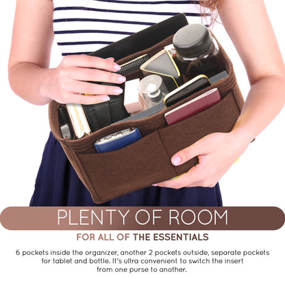 Purse Organizer Insert with 8 Pockets with Key Hook, 6 Sizes in Brown