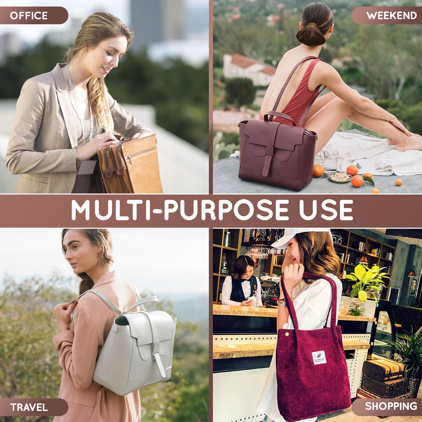 Purse Organizer Insert with 8 Pockets with Key Hook, 6 Sizes in Brown