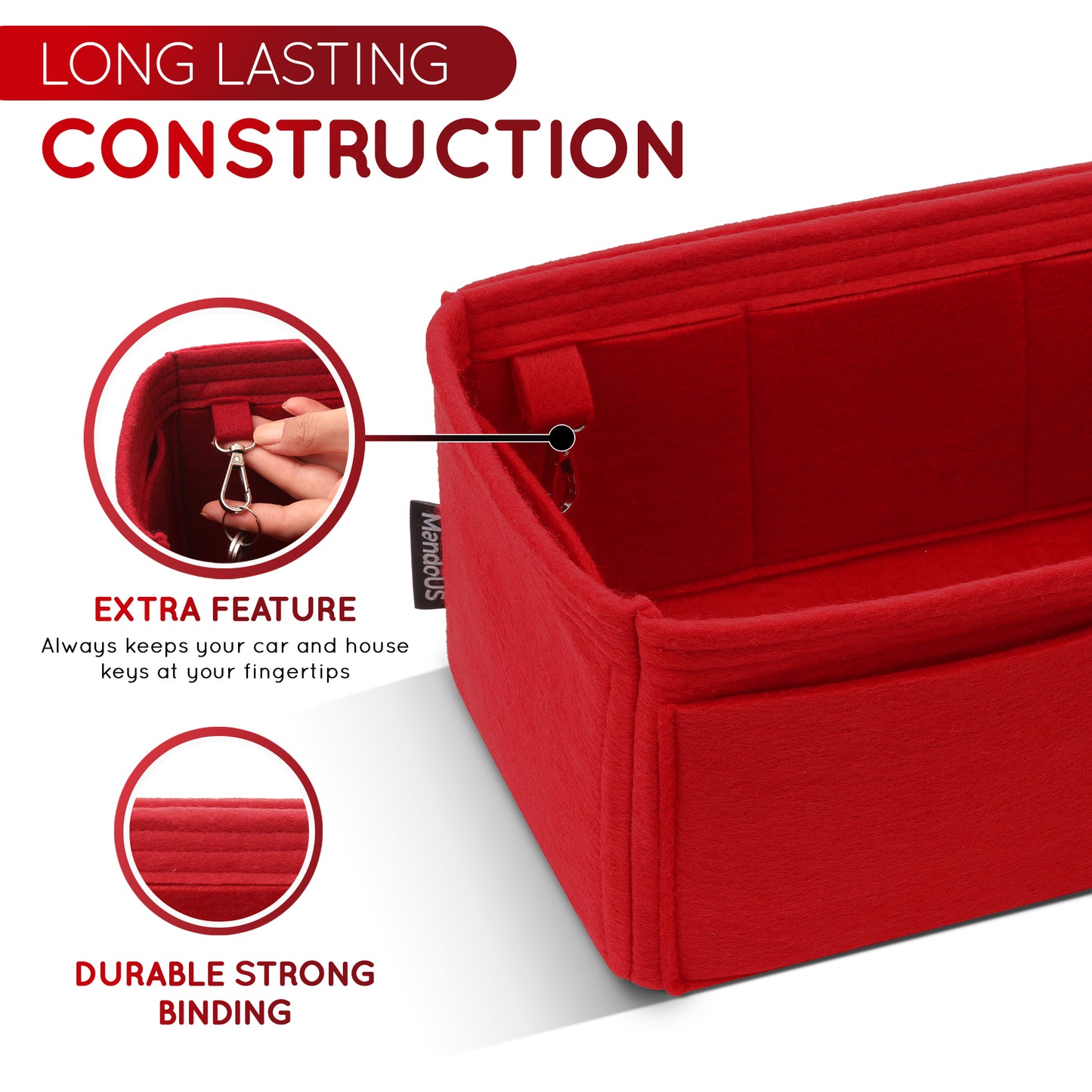 Purse Organizer Insert with 8 Pockets with Key Hook, 6 Sizes in Burgundy