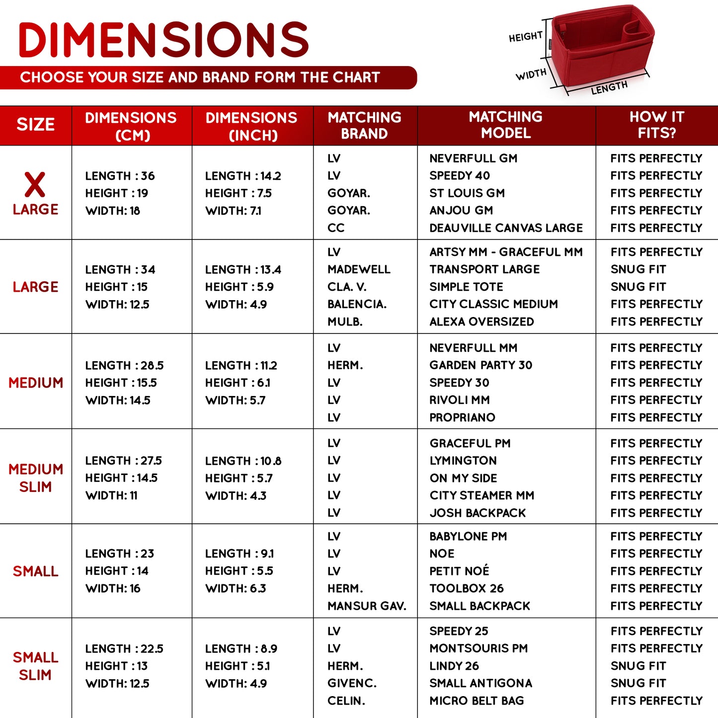 Purse Organizer Insert with 8 Pockets with Key Hook, 6 Sizes in Burgundy