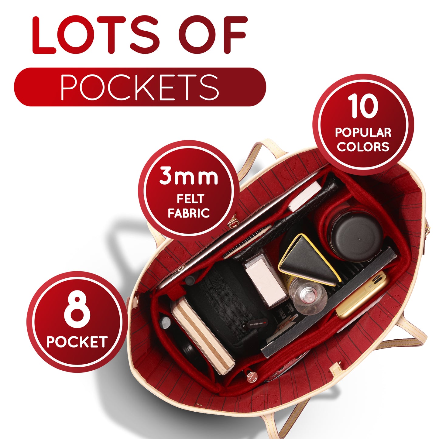 Purse Organizer Insert with 8 Pockets with Key Hook, 6 Sizes in Burgundy