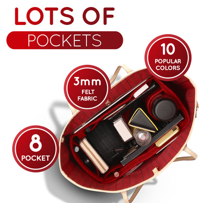 Purse Organizer Insert with 8 Pockets with Key Hook, 6 Sizes in Burgundy