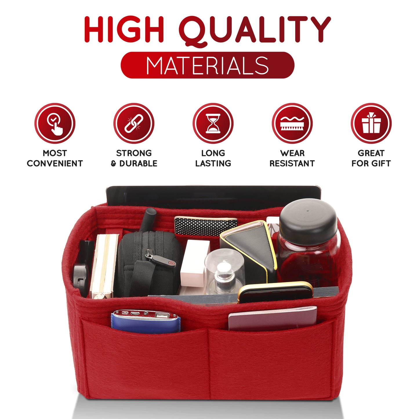 Purse Organizer Insert with 8 Pockets with Key Hook, 6 Sizes in Burgundy