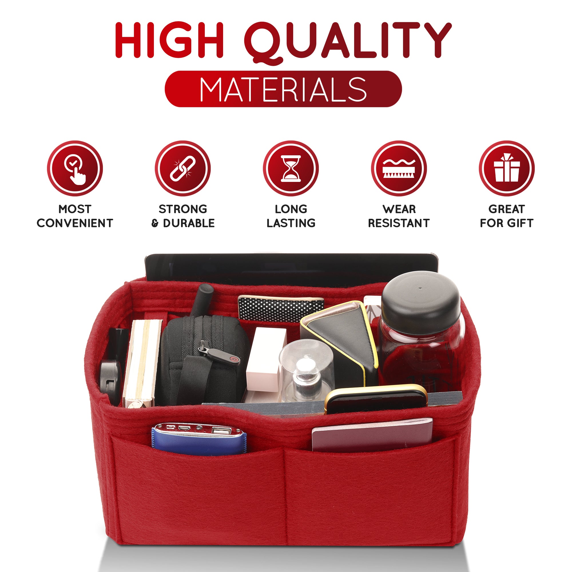 Purse Organizer Insert with 8 Pockets with Key Hook, 6 Sizes in Burgundy