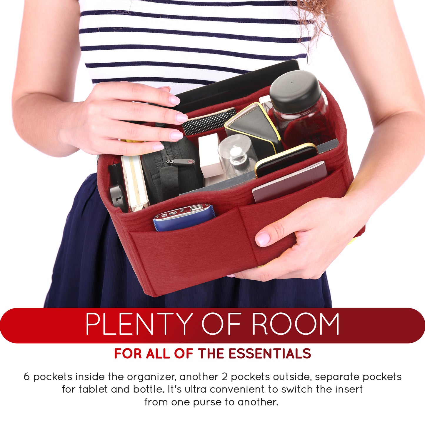 Purse Organizer Insert with 8 Pockets with Key Hook, 6 Sizes in Burgundy