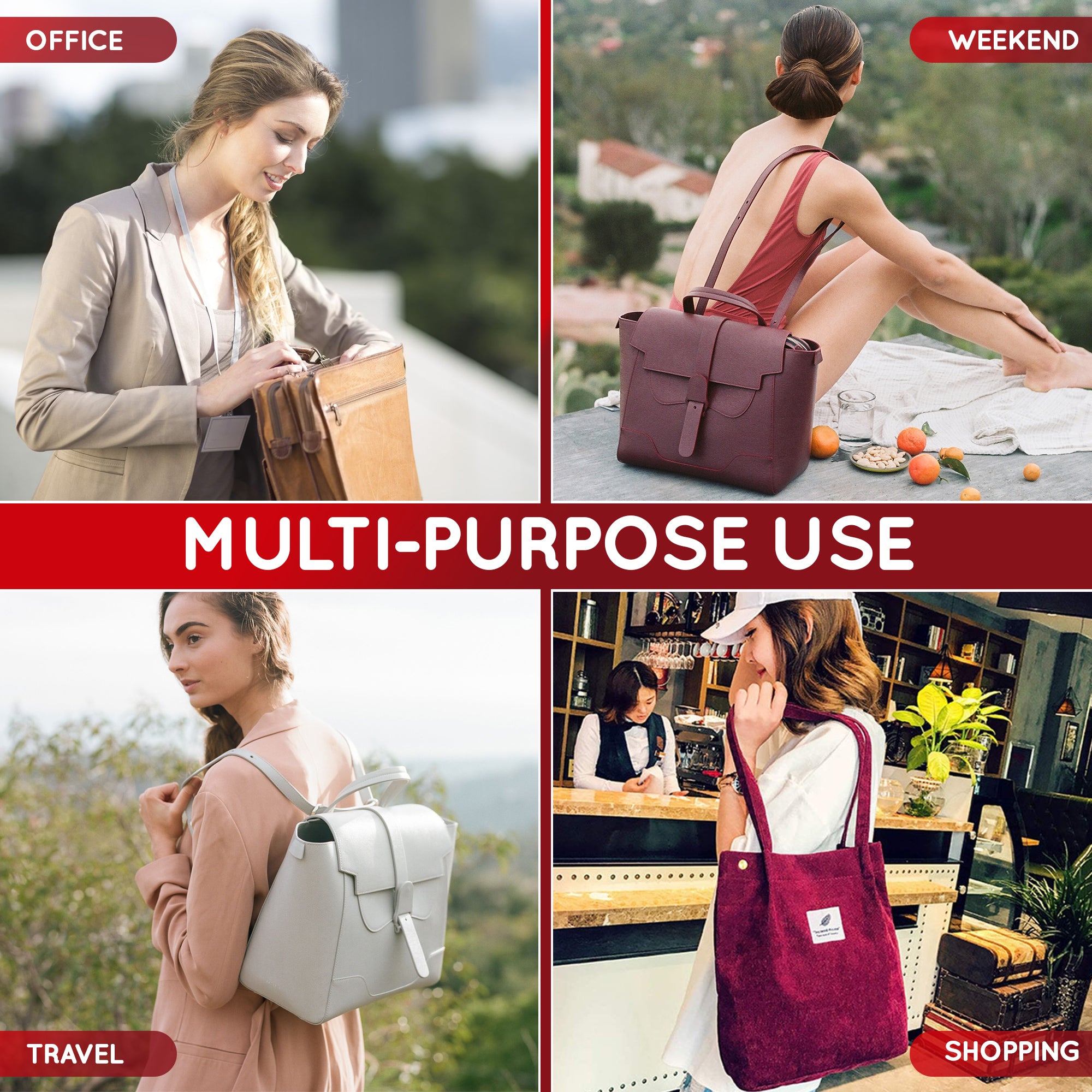 Purse Organizer Insert with 8 Pockets with Key Hook, 6 Sizes in Burgundy