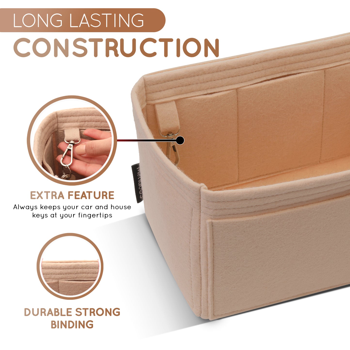 Purse Organizer Insert with 8 Pockets with Key Hook, 6 Sizes in Gold