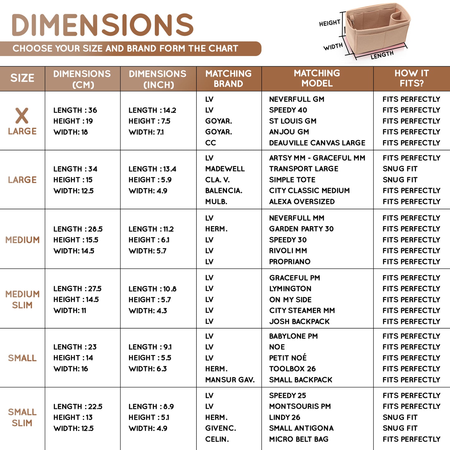 Purse Organizer Insert with 8 Pockets with Key Hook, 6 Sizes in Gold