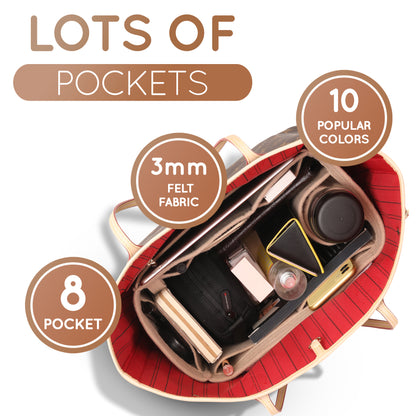 Purse Organizer Insert with 8 Pockets with Key Hook, 6 Sizes in Gold