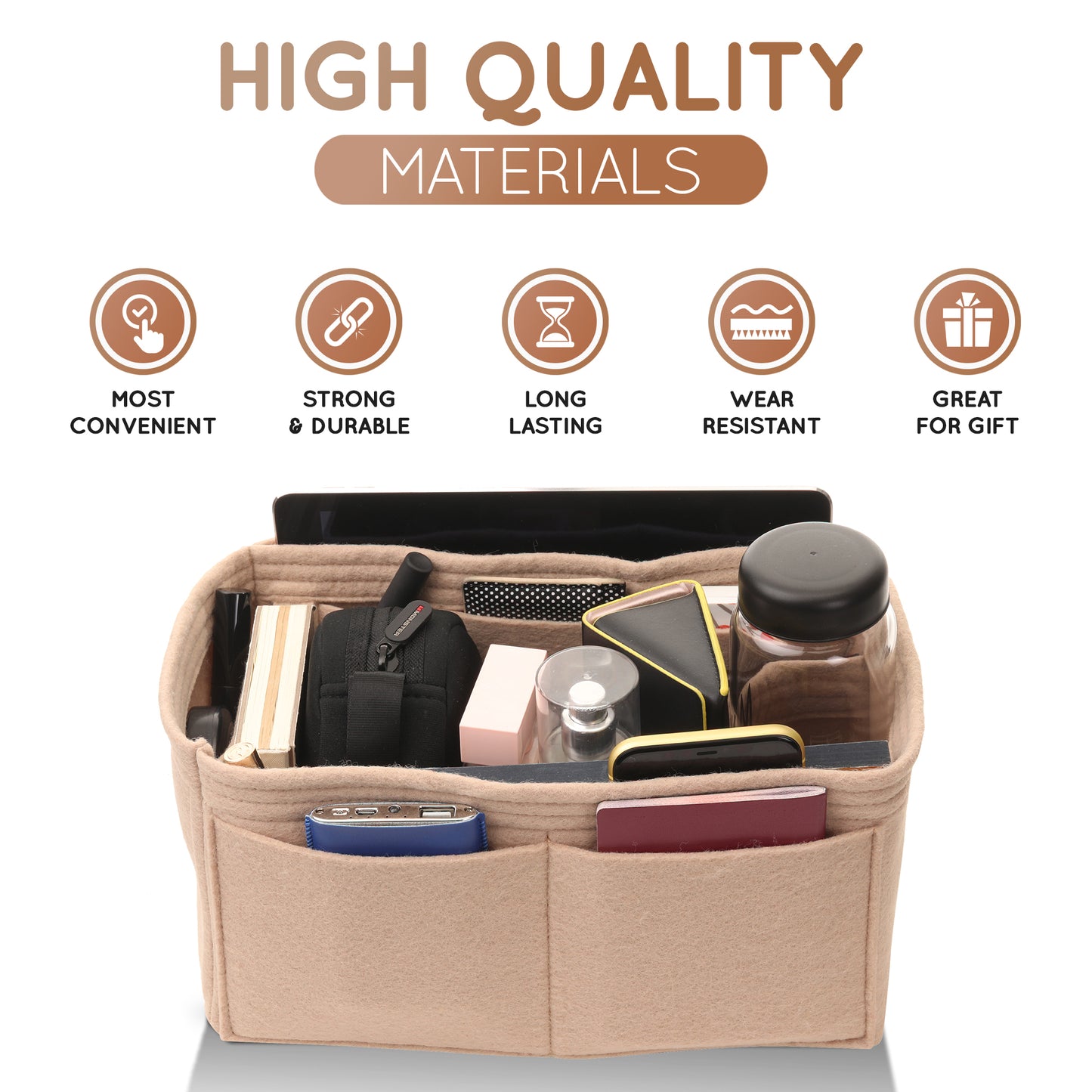 Purse Organizer Insert with 8 Pockets with Key Hook, 6 Sizes in Gold