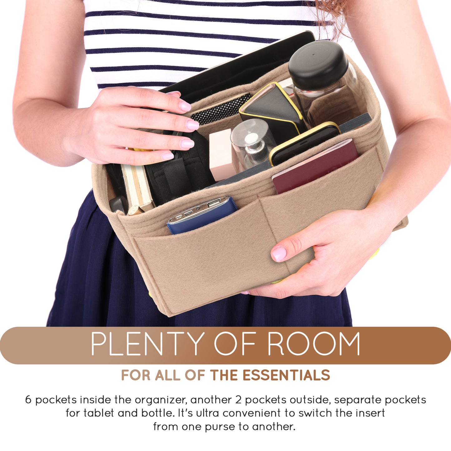 Purse Organizer Insert with 8 Pockets with Key Hook, 6 Sizes in Gold