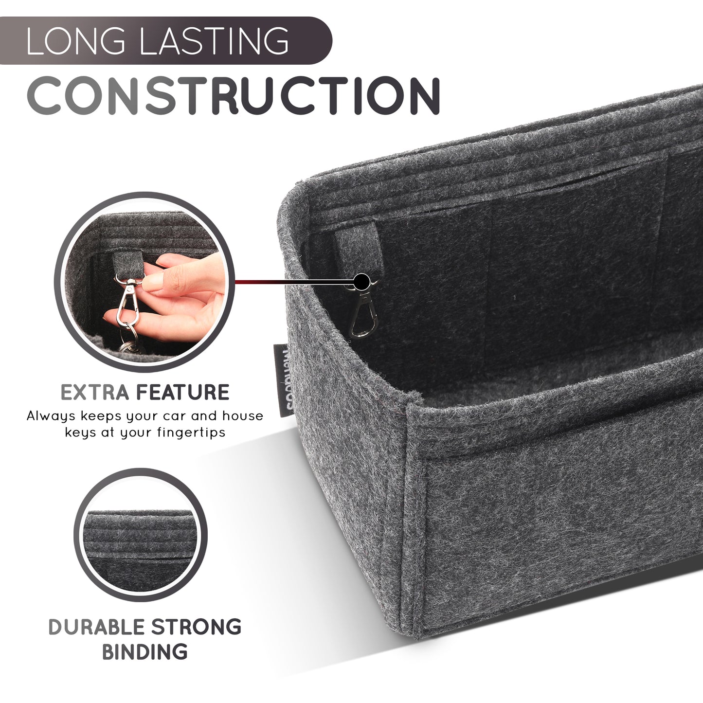 Purse Organizer Insert with 8 Pockets with Key Hook, 6 Sizes in Grey