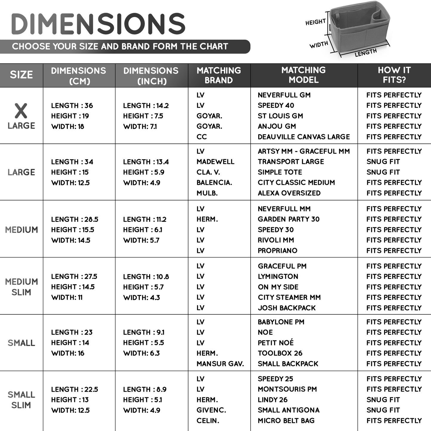 Purse Organizer Insert with 8 Pockets with Key Hook, 6 Sizes in Grey