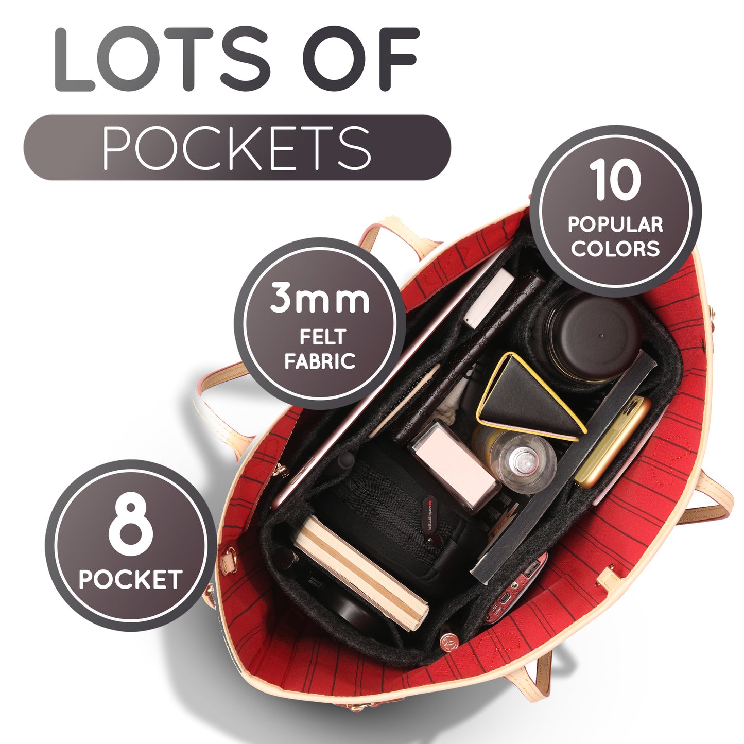 Purse Organizer Insert with 8 Pockets with Key Hook, 6 Sizes in Grey