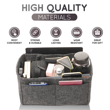 Purse Organizer Insert with 8 Pockets with Key Hook, 6 Sizes in Grey