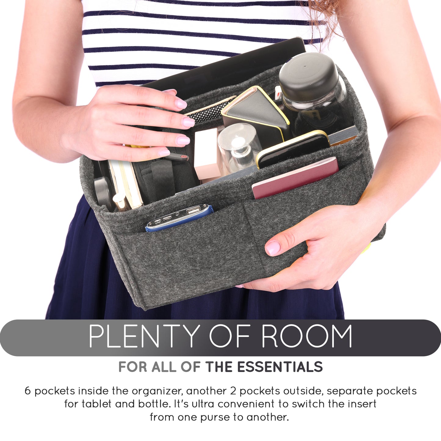 Purse Organizer Insert with 8 Pockets with Key Hook, 6 Sizes in Grey