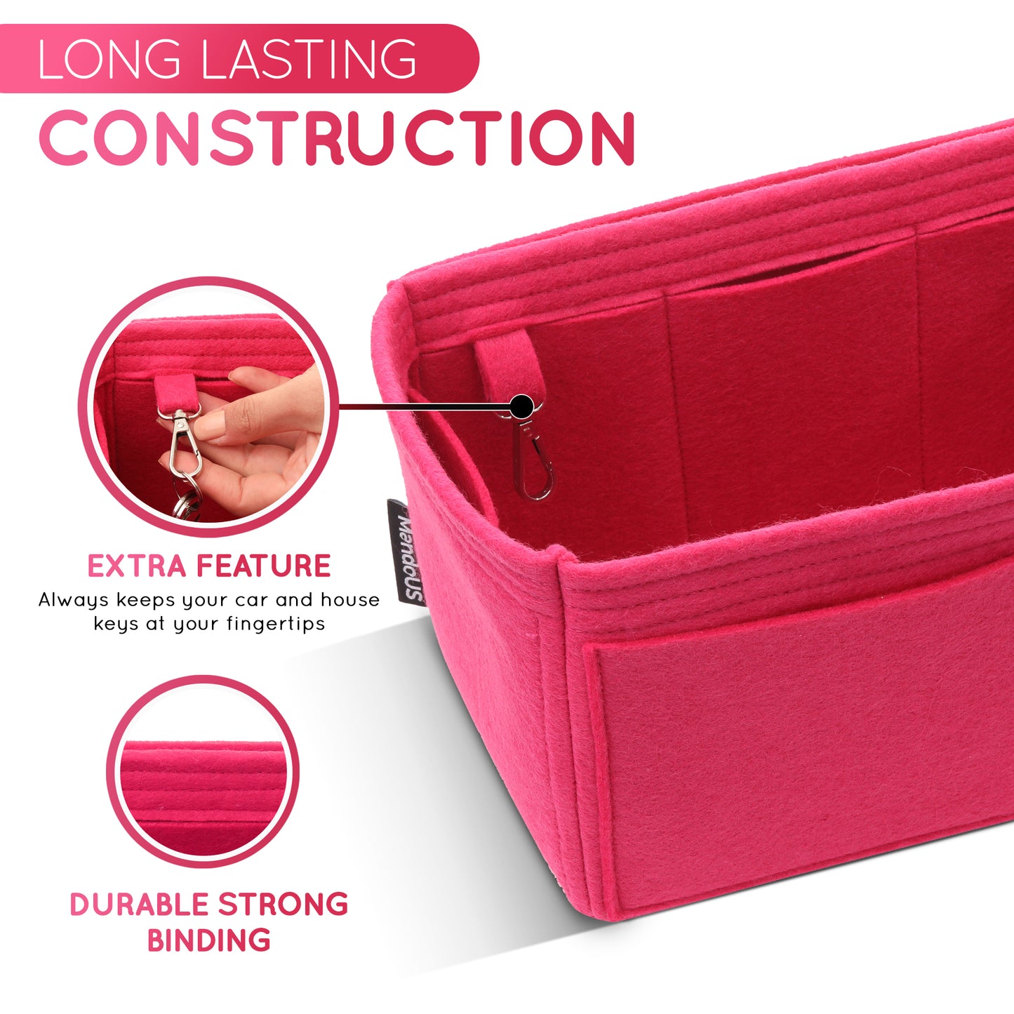 Purse Organizer Insert with 8 Pockets with Key Hook, 6 Sizes in Magenta