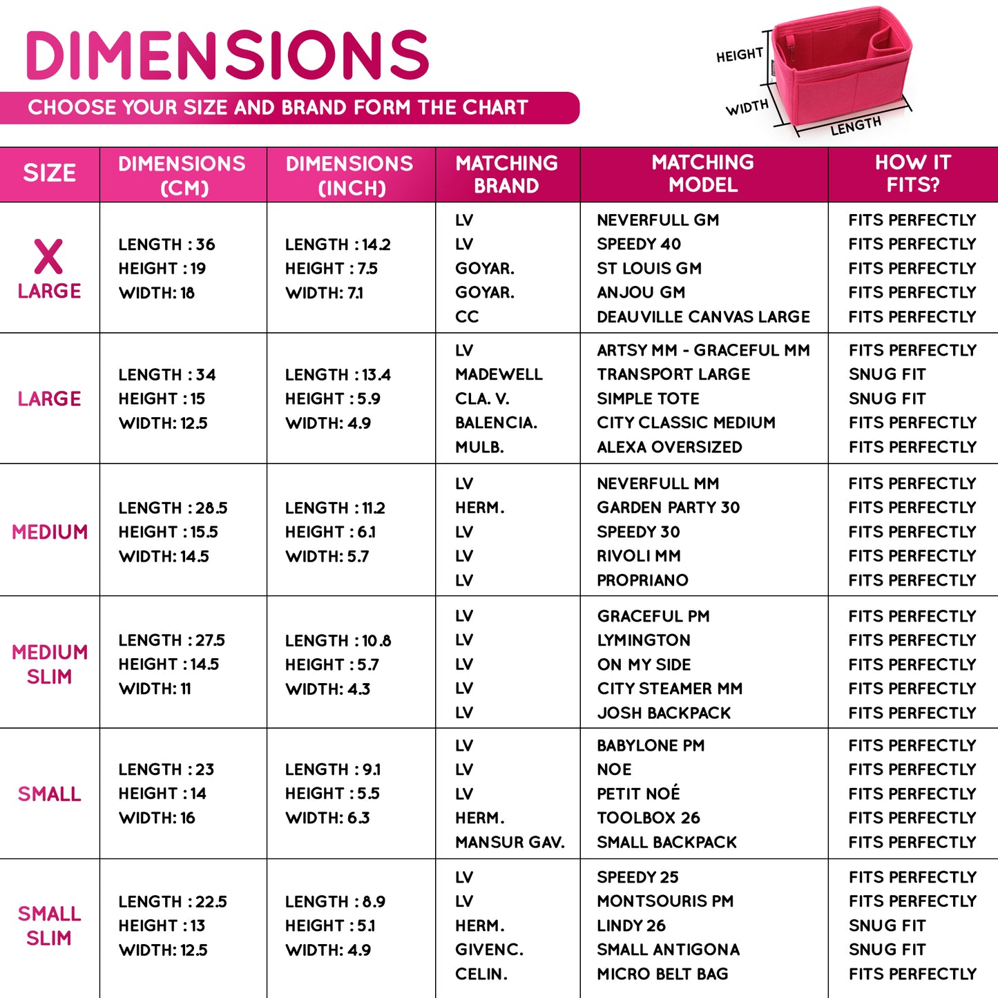 Purse Organizer Insert with 8 Pockets with Key Hook, 6 Sizes in Magenta
