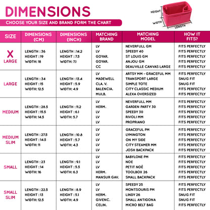 Purse Organizer Insert with 8 Pockets with Key Hook, 6 Sizes in Magenta