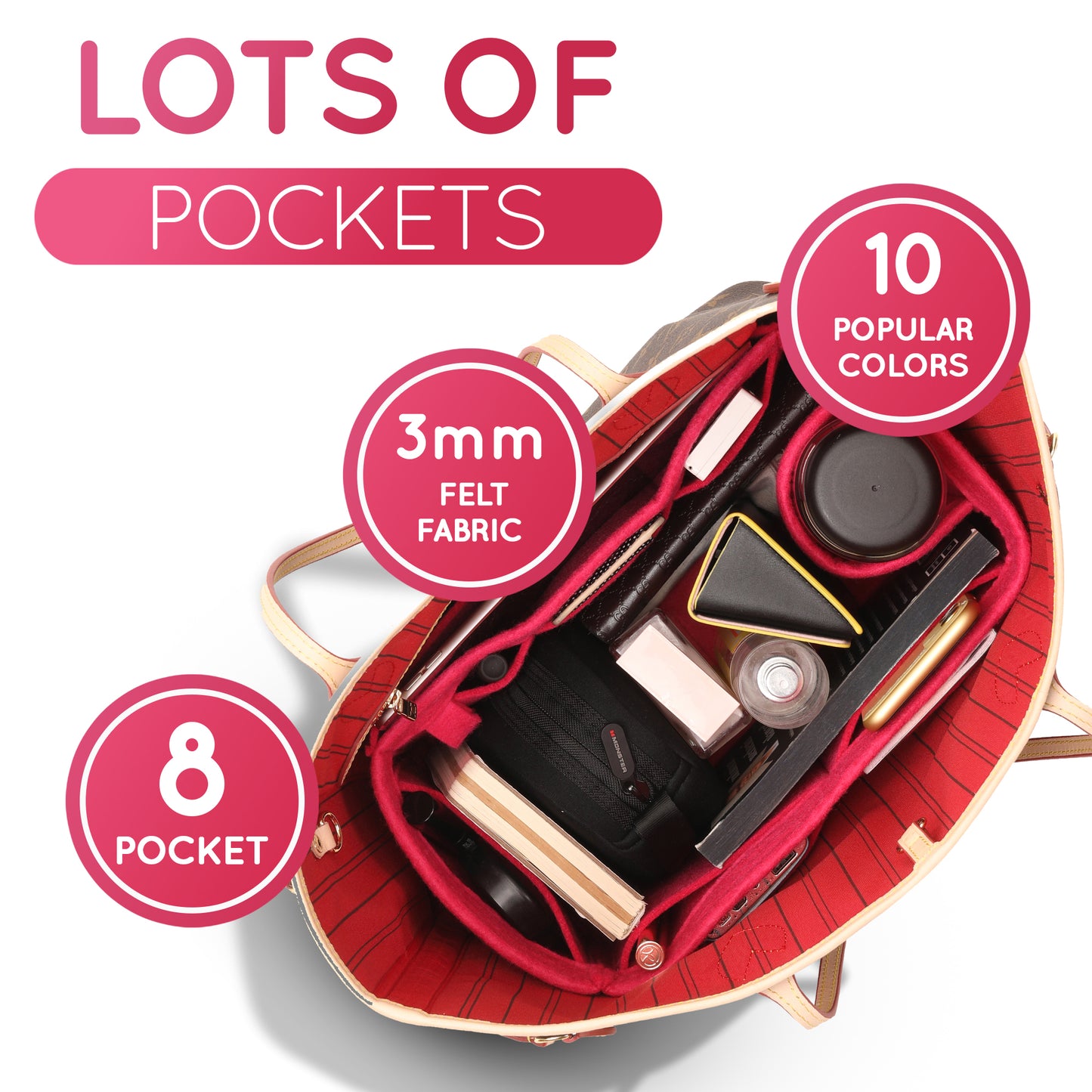 Purse Organizer Insert with 8 Pockets with Key Hook, 6 Sizes in Magenta