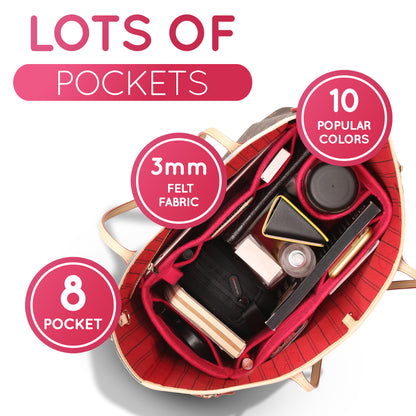 Purse Organizer Insert with 8 Pockets with Key Hook, 6 Sizes in Magenta